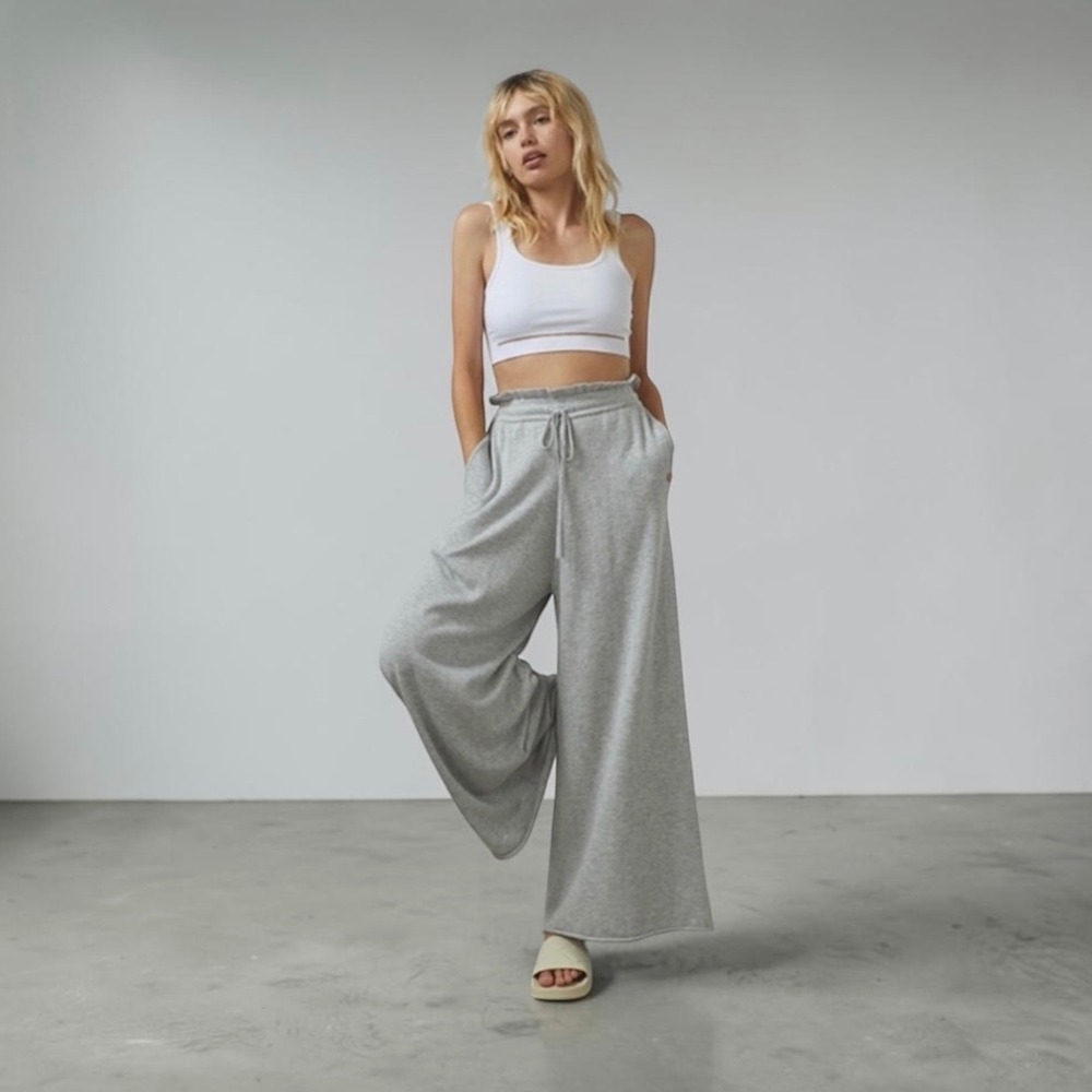 Lunya Cozy Cotton Silk Relaxed Pant Grey Wide Leg Paperbag Waist XS New